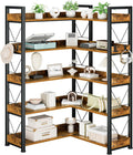 DUMOS 65 inch L Shaped Bookshelf, 5 Tier Corner Bookcase with Hooks and Edge, Industrial Pantry Shelves with Metal Frame, Wooden Open Storage for Living Room, Home Office, Bedroom, Rustic Brown