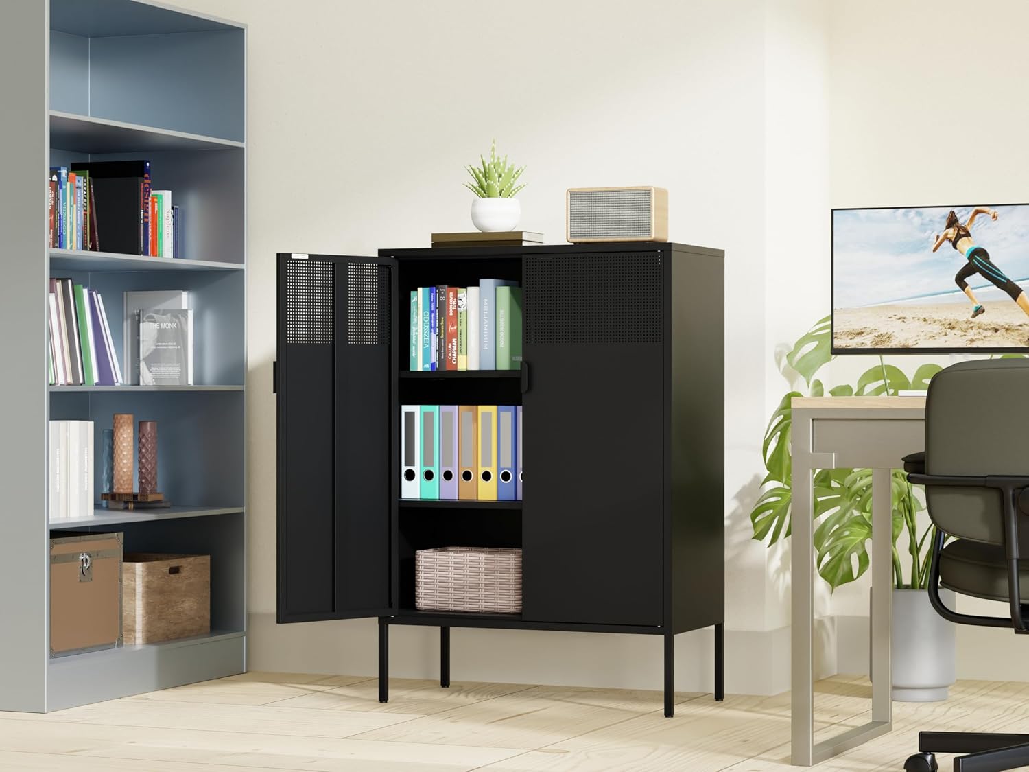 Chshin Metal Storage Cabinet,Kitchen Pantry Storage Cabinets with Doors,Buffet Cabinet with 2 Adjustable Shelves,Black Pantry Cabinets,Steel Sideboard for Home,Shoes,Office,Dining Room