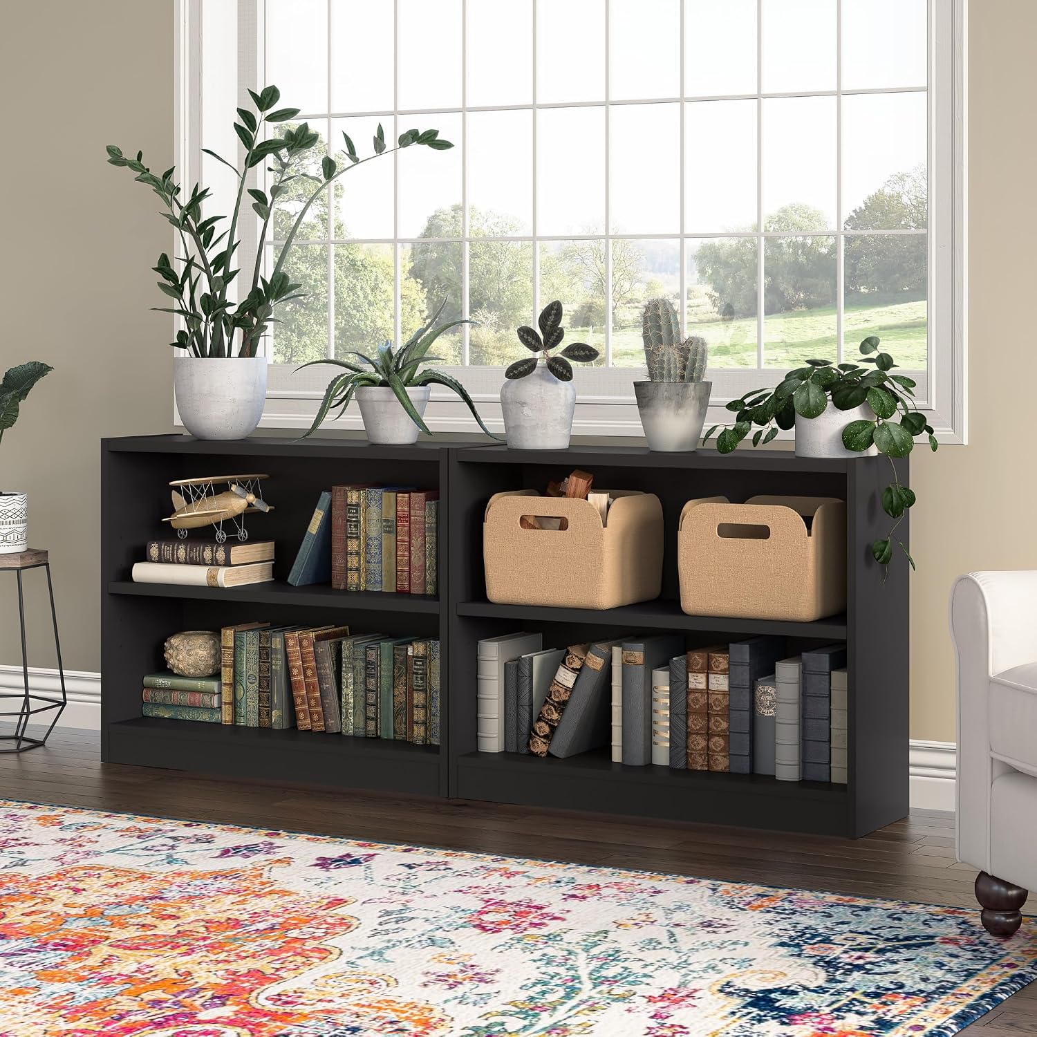 Bush Home Small 2 Shelf Bookcase, 2 Tier Bookshelf Storage Cabinet with Adjustable Shelf for Living Room, Bedroom or Home Office, Universal Collection, Black