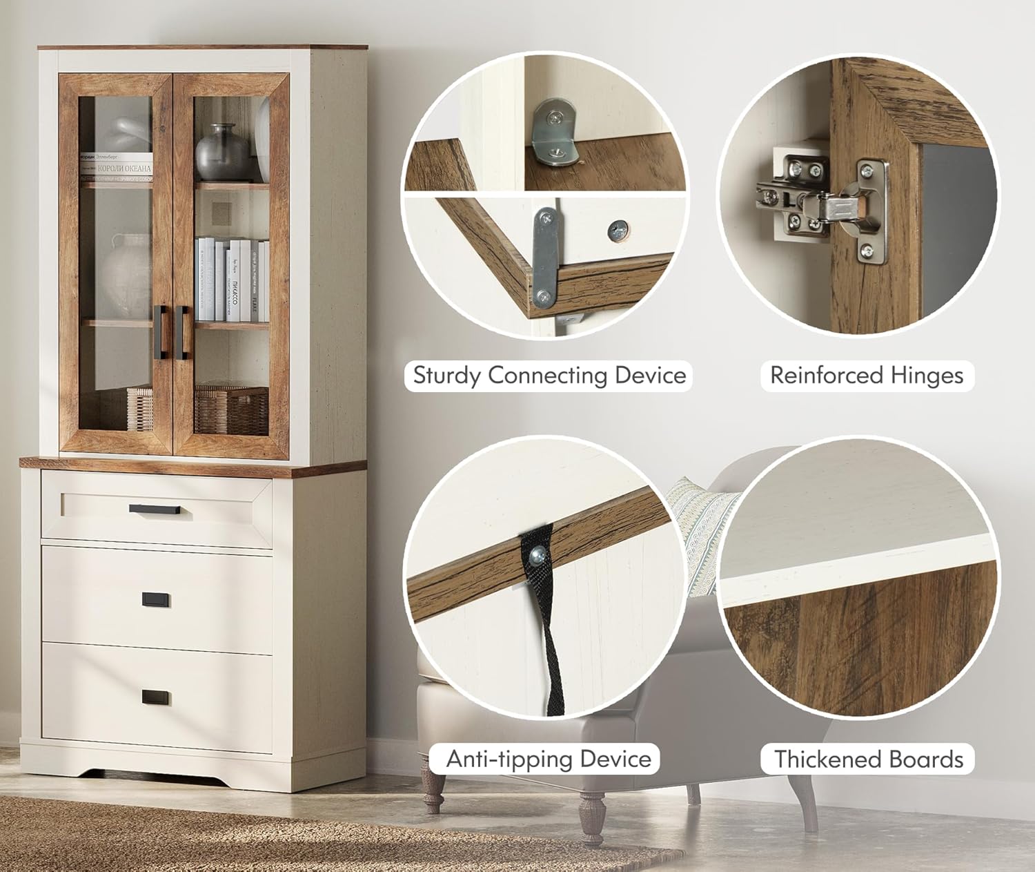 WAMPAT 2 Column 73.3' Tall Bookcase with Glass Door, 63' Wide Rustic Wood Bookshelves with Chest of Drawers, Modern Farmhouse Display Storage Cabinet with Adjustable Shelves for Home,Office,White&Oak