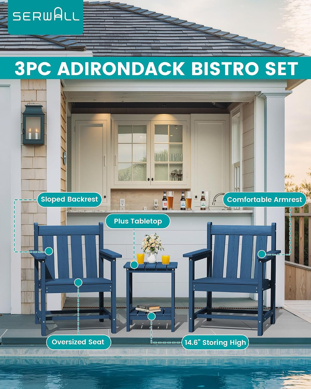 SEWRWALL 3 Pieces Patio Bistro Set, All Weather Adirondack Chair Set with Side Table, HDPE Material Outdoor Patio Furniture Set for Balcony, Porch, Garden, Backyard- Navy