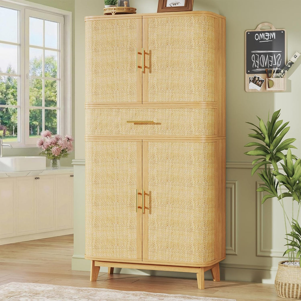 HUAHUU 71' Tall Pantry Cabinet, Kitchen Pantry Storage Cabinets with 4 Rattan Doors & Large Drawer, Modern Curved Storage Cabinet with 10 Storage Compartments for Dining Room, Living Room, Natural