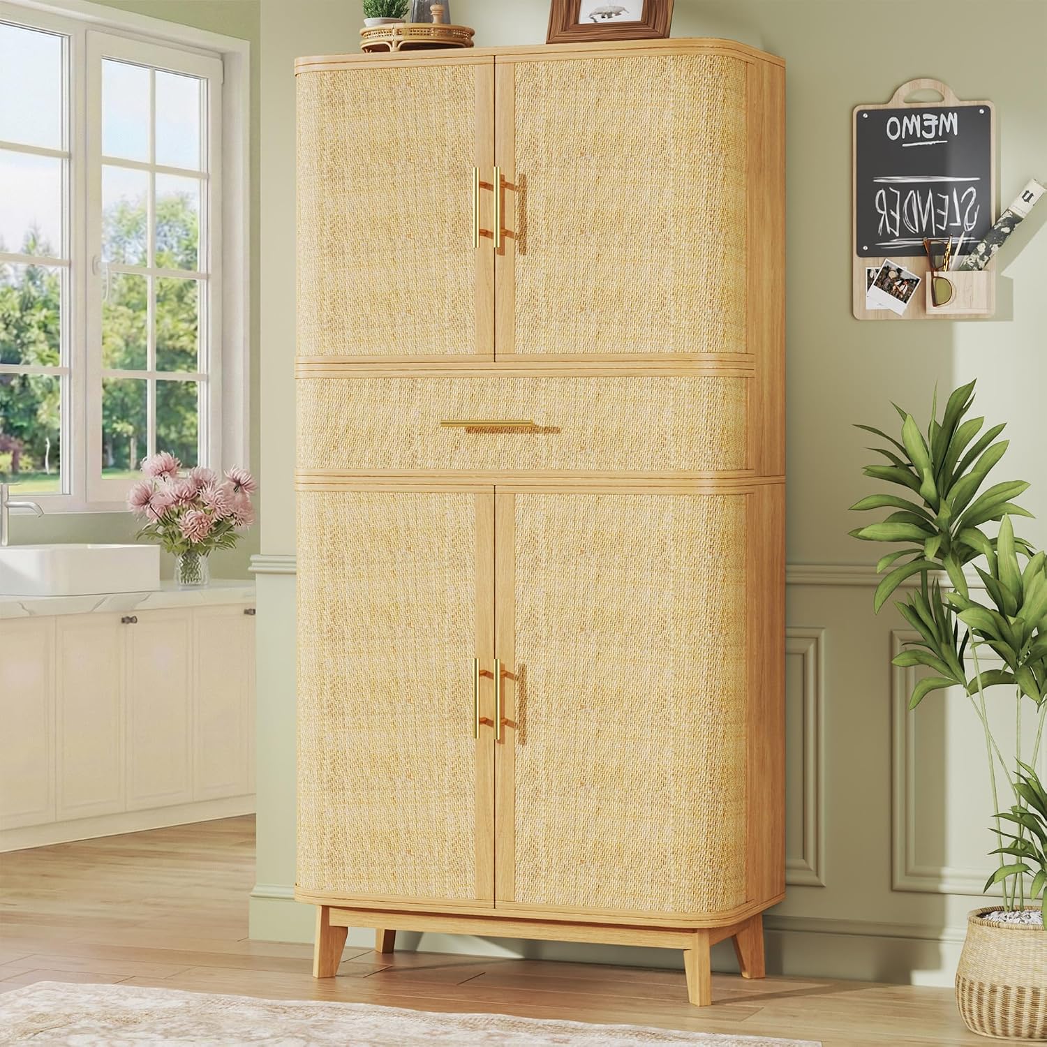 HUAHUU 71' Tall Pantry Cabinet, Kitchen Pantry Storage Cabinets with 4 Rattan Doors & Large Drawer, Modern Curved Storage Cabinet with 10 Storage Compartments for Dining Room, Living Room, Natural
