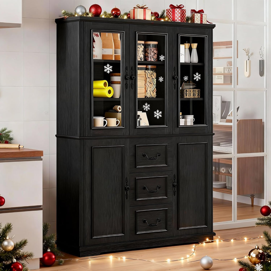 DWVO Large Storage Cabinet, 72' Tall Kitchen Pantry with Glass Doors, Freestanding Glass Display Cabinets with Adjustable Shelves & Drawers, Food China Hutch for Dining Room, Living Room, Black