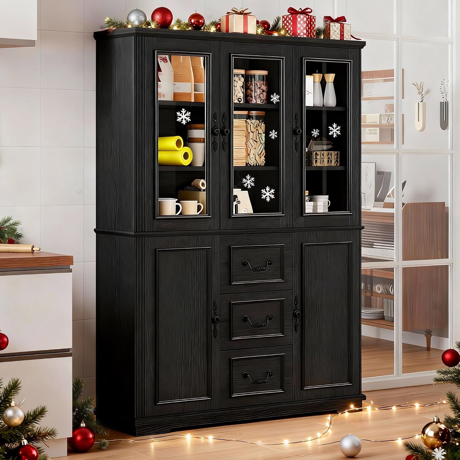 DWVO Large Storage Cabinet, 72' Tall Kitchen Pantry with Glass Doors, Freestanding Glass Display Cabinets with Adjustable Shelves & Drawers, Food China Hutch for Dining Room, Living Room, Black