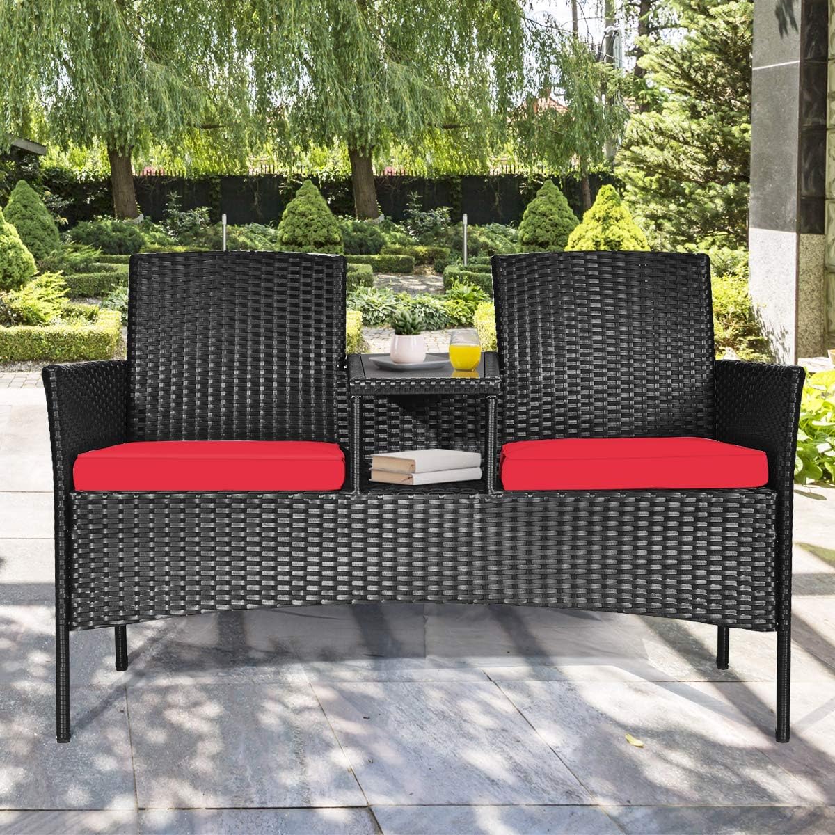 Tangkula Wicker Patio Conversation Furniture Set, Outdoor Furniture Set with Removable Cushions & Table, Tempered Glass Top, Modern Rattan Bench for Garden Lawn Backyard