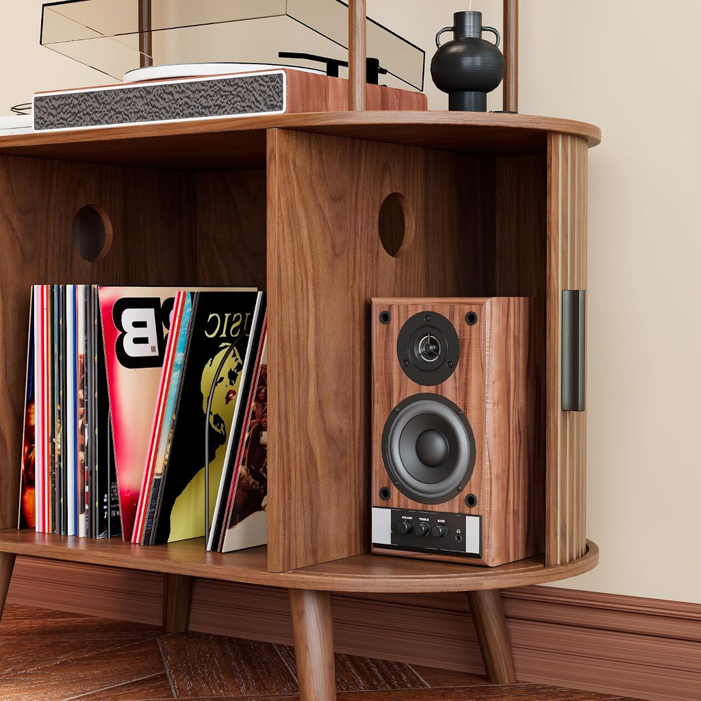 Tall Vinyl Record Player Stand, 4 Tier Arched Bookshelf with Sliding Doors, Retro Small Record Storage Cabinet, Fluted Media Display Shelf, Mid Century Modern Turntable Stand for Living Room, Walnut