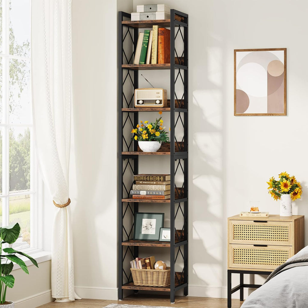 Tribesigns 78.7 Inch Extra Tall Narrow Bookshelf Set of 2, 7 Tier Skinny Bookcase for Small Spaces, Freestanding Display Shelves, Multifunctional Corner Storage Organizer for Home Office, Rustic Brown
