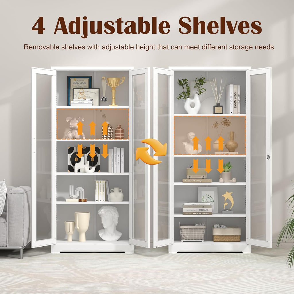 SteeLoong 71' Glass Display Cabinet with Lock,Curio Cabinet with Glass Doors, Metal Display Case with 4 Adjustable Shelves, White Bookcase Locking Storage Cabinets for,Liquor,Plant,Commercial