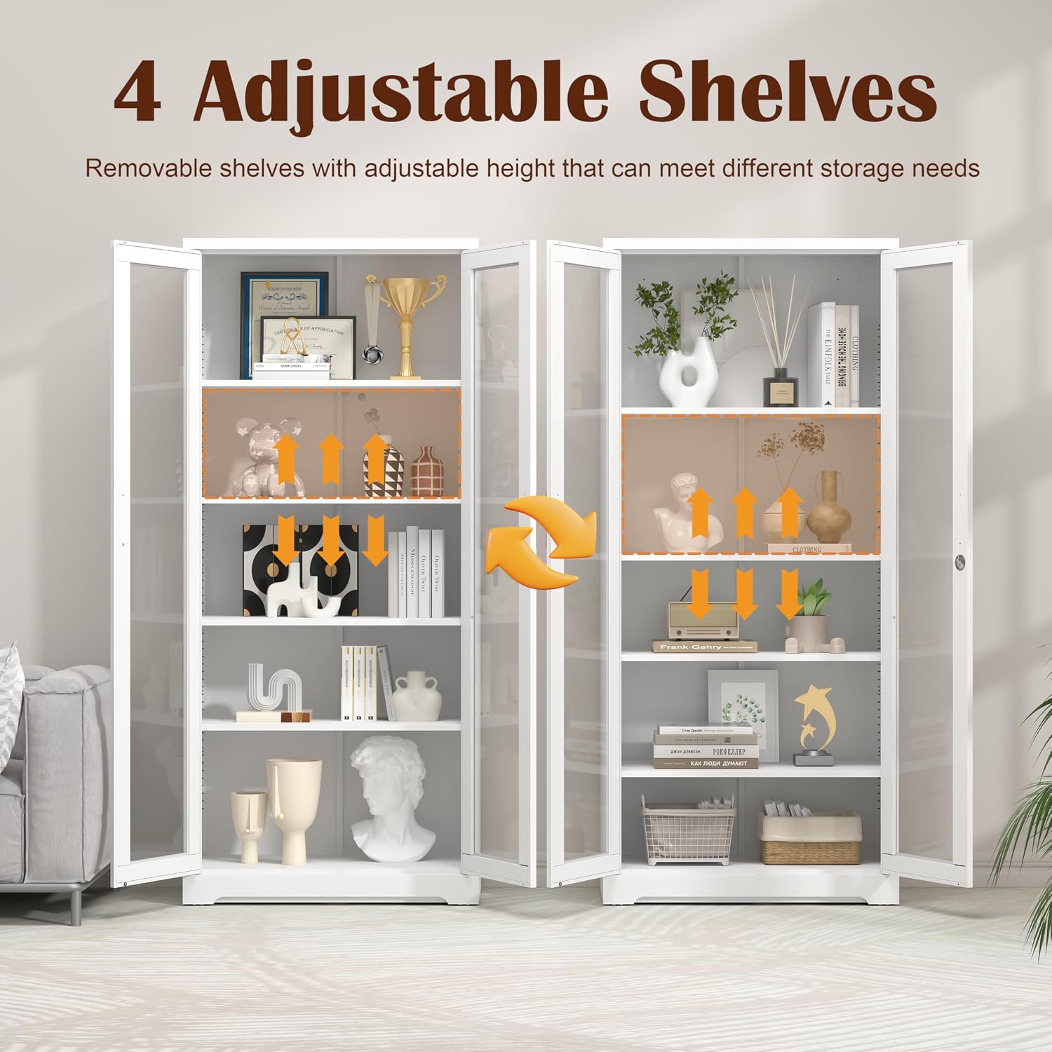 SteeLoong 71' Glass Display Cabinet with Lock,Curio Cabinet with Glass Doors, Metal Display Case with 4 Adjustable Shelves, White Bookcase Locking Storage Cabinets for,Liquor,Plant,Commercial