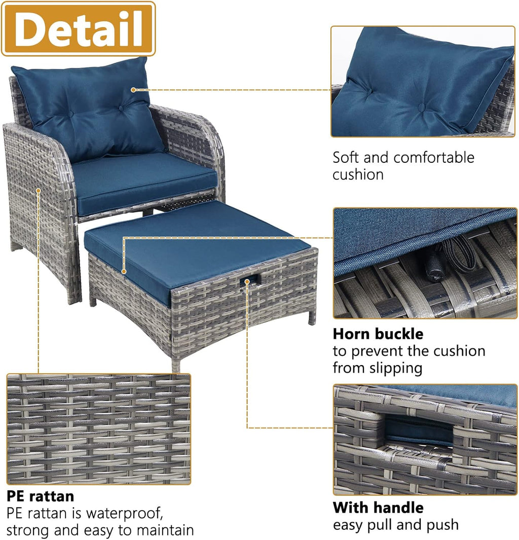 5 Pieces Wicker Outdoor Patio Chairs with Ottomans, All Weather PE Rattan Outdoor Conversation Set Bistro Patio Furniture Set with Hidden Ottoman for Porch Backyard Balcony, Blue