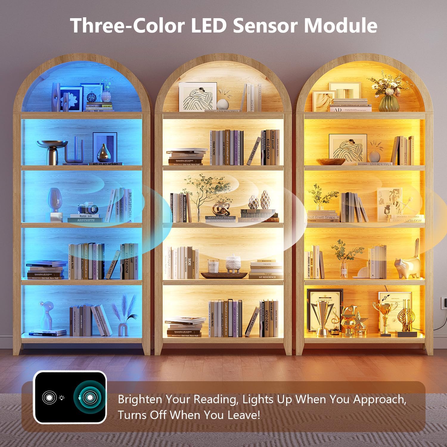 Arch Bookcase - 5 Layers Bookshelf with 3 Colors LED Sensor Lights and Thickened Wooden Design Display Shelf for Lego Books Bathroom Living Room - Ideal Gift (Light Wood)