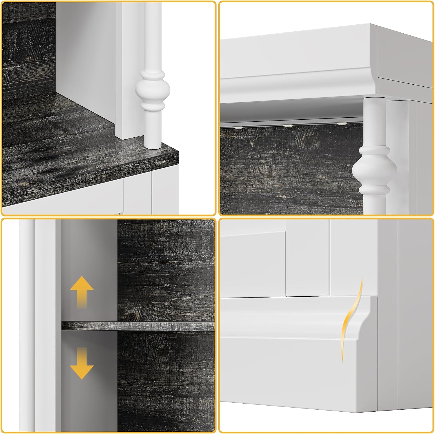 GarveeHome Tall Storage Bookcase with 3-Tier Open Shelves and Double Door, Roman Column Design and 4 Adjustable Lights, White & Black Wood Grain Display Storage Cabinet for Home Office, Living Room