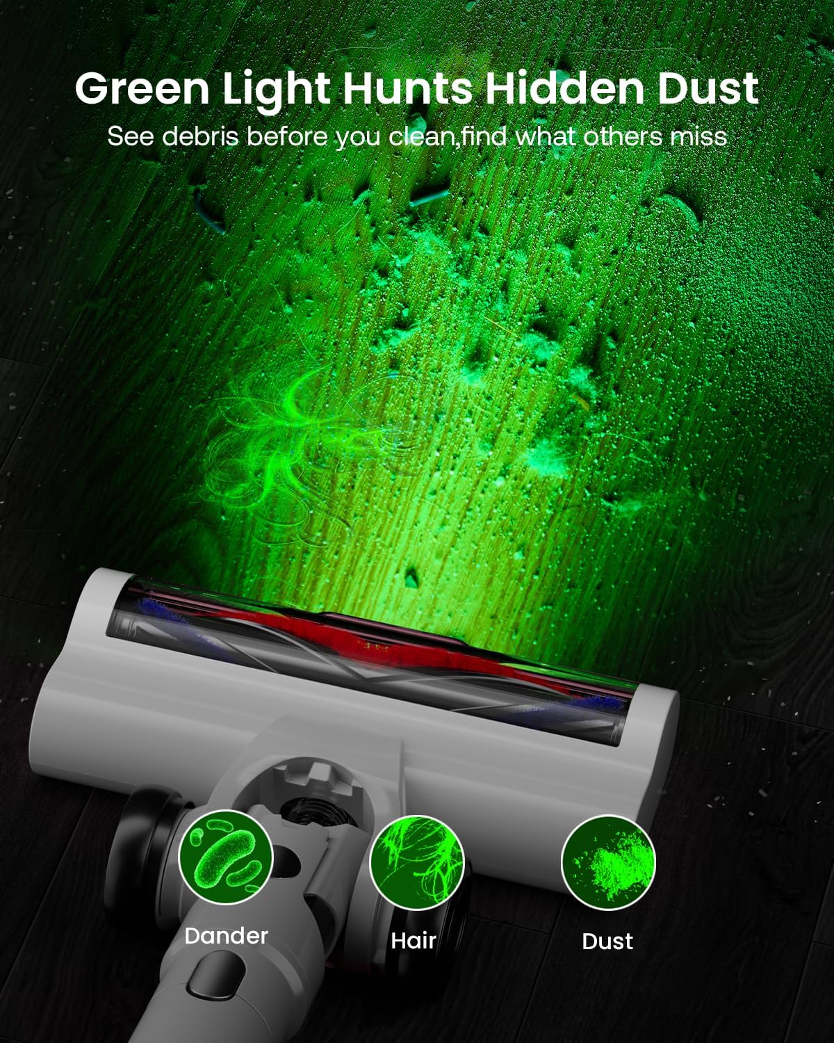 Cordless Vacuum Cleaner for Home, Upgraded 60Kpa Powerful Suction Pet Hair Vacuum with 70min Runtime, Green LED Light for Hardwood Floors & Carpet, Self-Standing Rechargeable Stick Vacuum, Grey-white