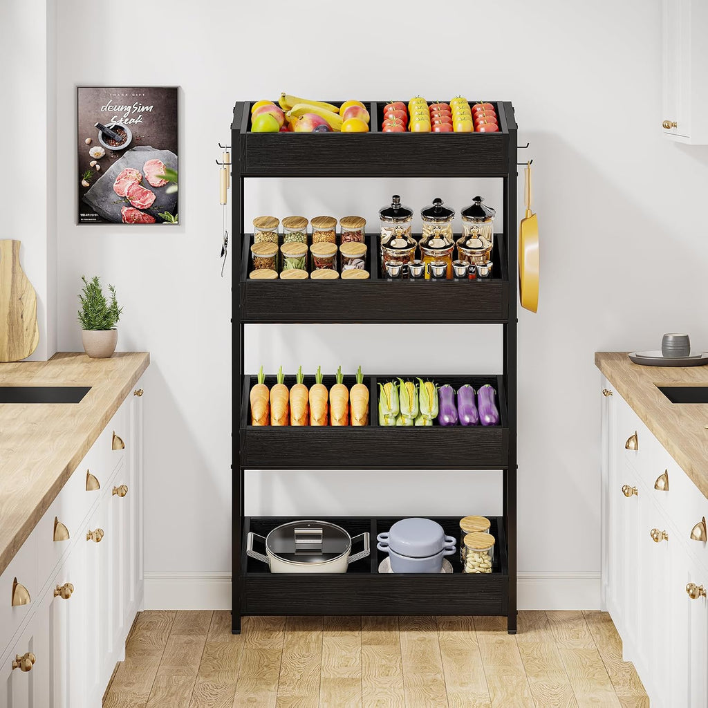 Tribesigns Wood Fruit and Vegetable Basket Stand Rack for Kitchen, Office, Store, Supremarket, Pantry Shelf Unit for Snacks, 4-Tier Wooden Utility Storage Shelves (Black)