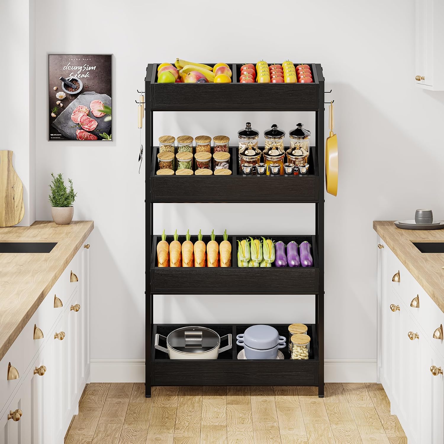 Tribesigns Wood Fruit and Vegetable Basket Stand Rack for Kitchen, Office, Store, Supremarket, Pantry Shelf Unit for Snacks, 4-Tier Wooden Utility Storage Shelves (Black)