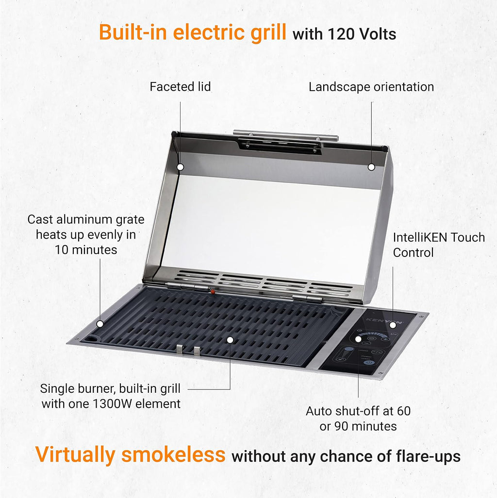 Kenyon Frontier Built-in Electric Grill, Single Burner With IntelliKEN Touch Control, Stainless Steel Body, Rust-Proof Grill, UL-Approved For Indoor And Outdoor Use, Dishwasher Safe Grate, 120 Volts