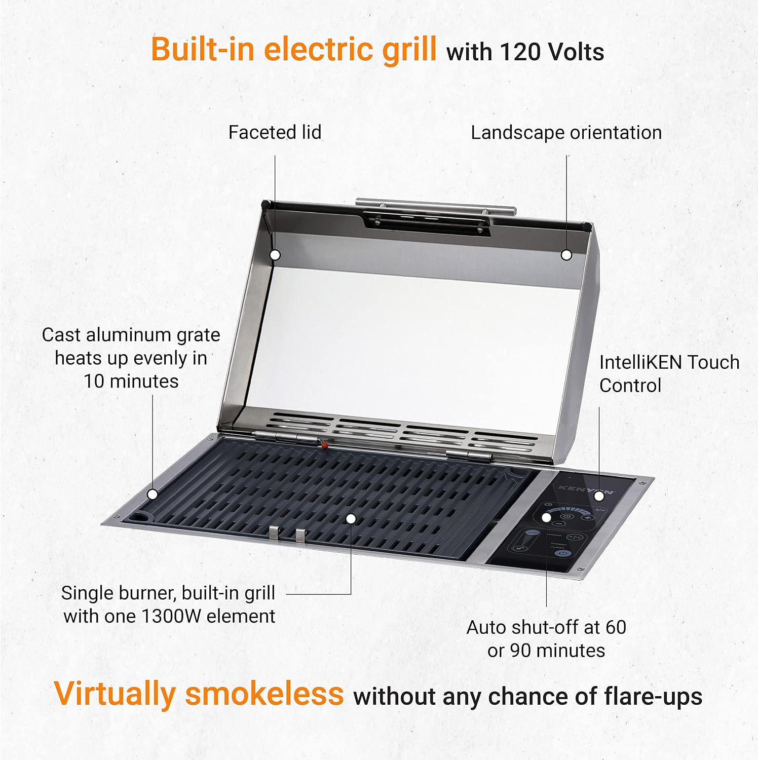 Kenyon Frontier Built-in Electric Grill, Single Burner With IntelliKEN Touch Control, Stainless Steel Body, Rust-Proof Grill, UL-Approved For Indoor And Outdoor Use, Dishwasher Safe Grate, 120 Volts