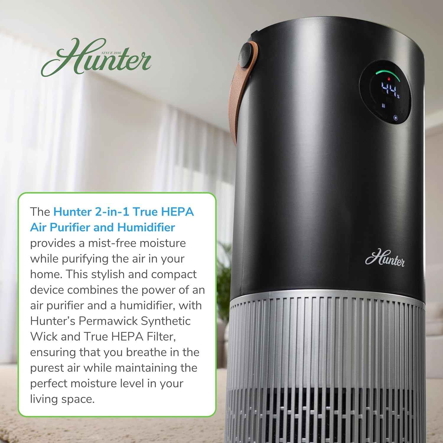 Hunter Fan Company Humidifier and Air Purifier In One, Advanced Filtration Air Purifiers for Home, Air Purifiers for Home Pets, Humidifiers for Bedroom and Humidifiers for Bedroom Baby, Black/Silver