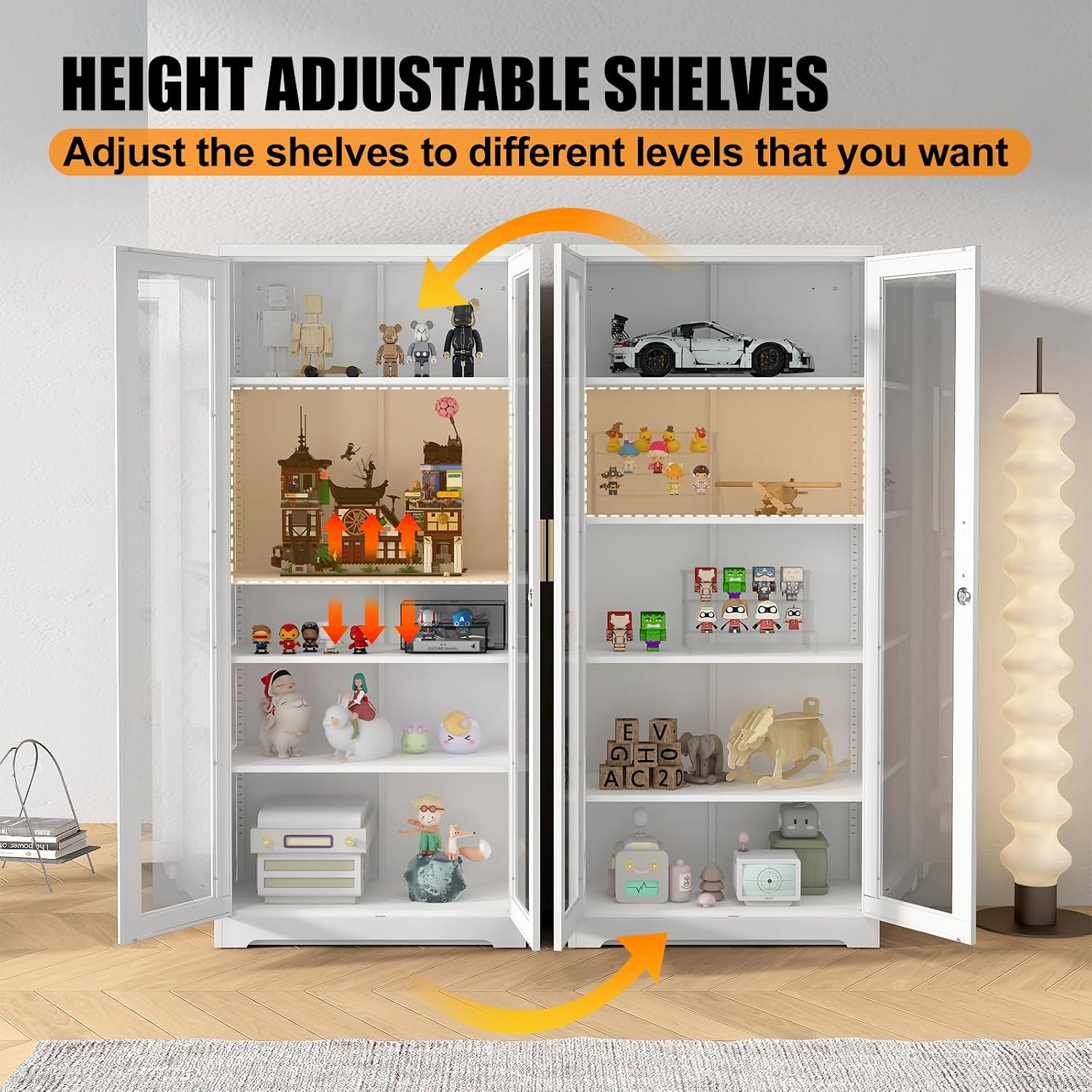 71' Glass Display Cabinet, Metal Storage Cabinet with Glass Doors, Curio Display Case with 4 Adjustable Shelves, White Locking Cabinets for Living Room, Kitchen, Hallway - Assembly Required