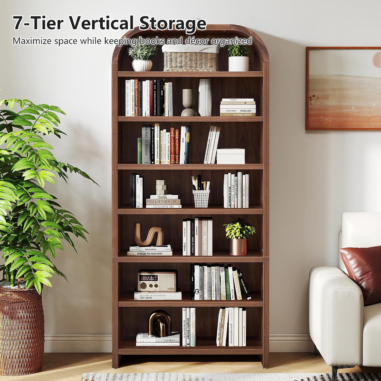 LEVNARY 70' Tall Arched Bookcase, 7-Tier Freestanding Storage Cabinet with Adjustable Shelves, Thick MDF Bookshelf for Bathroom Living Room Bedroom (Walnut)