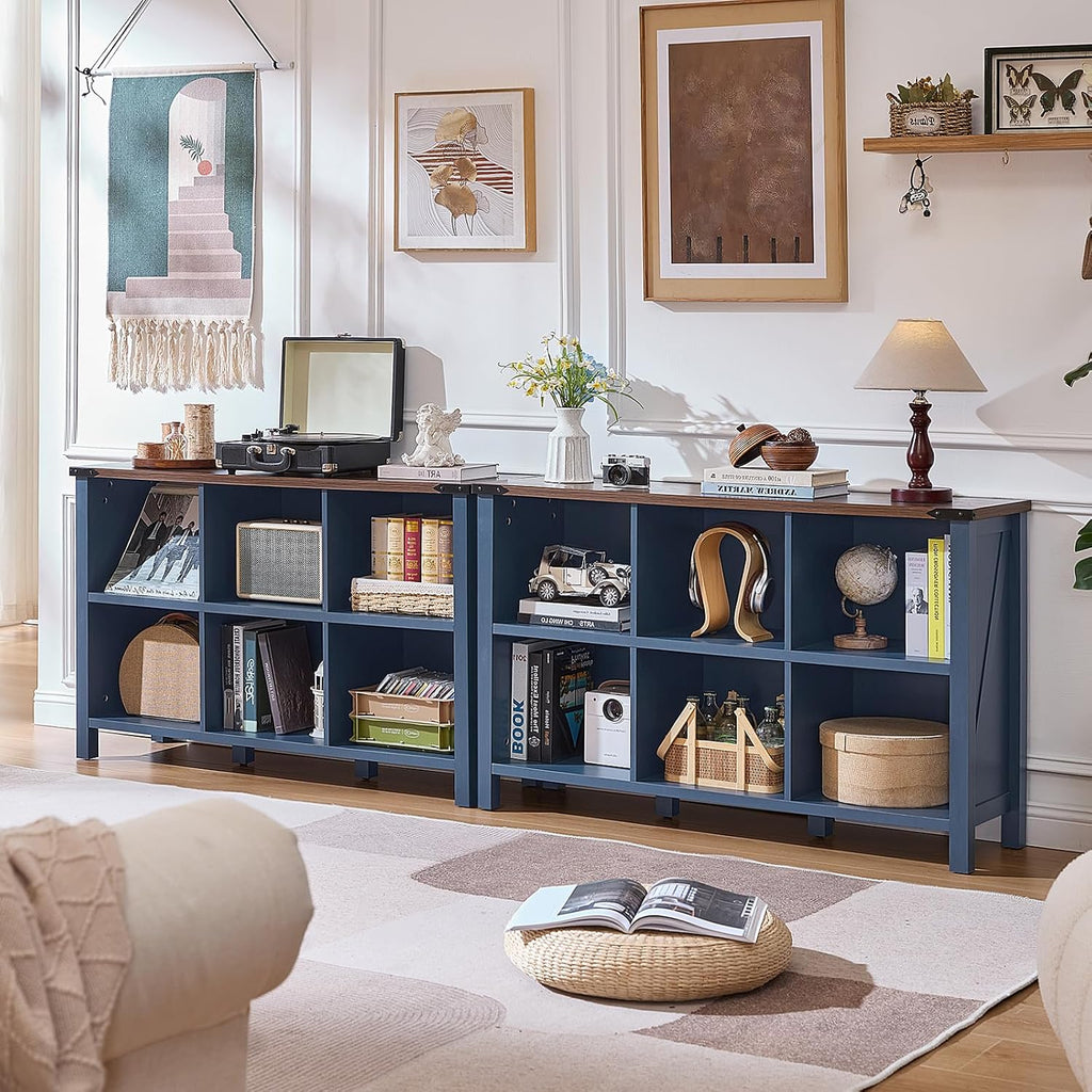 Joaxswe 6 Cube Bookcase, Farmhouse Wood Low Storage Organizer Book Shelf, 47' Horizontal Navy Blue Console Bookshelf with Legs, Hallway Book Case for Entryway, Display Cabinet for Living Room, Office