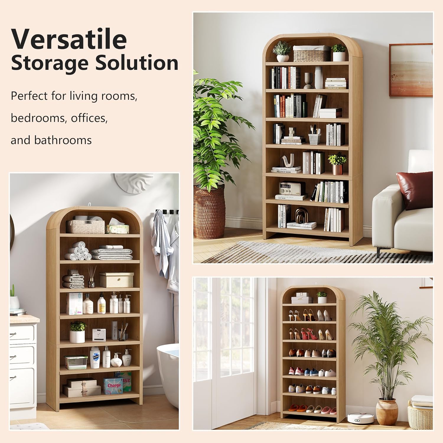 LEVNARY 70' Tall Arched Bookcase, 7-Tier Freestanding Storage Cabinet with Adjustable Shelves, Thick MDF Bookshelf for Bathroom Living Room Bedroom (Natural)