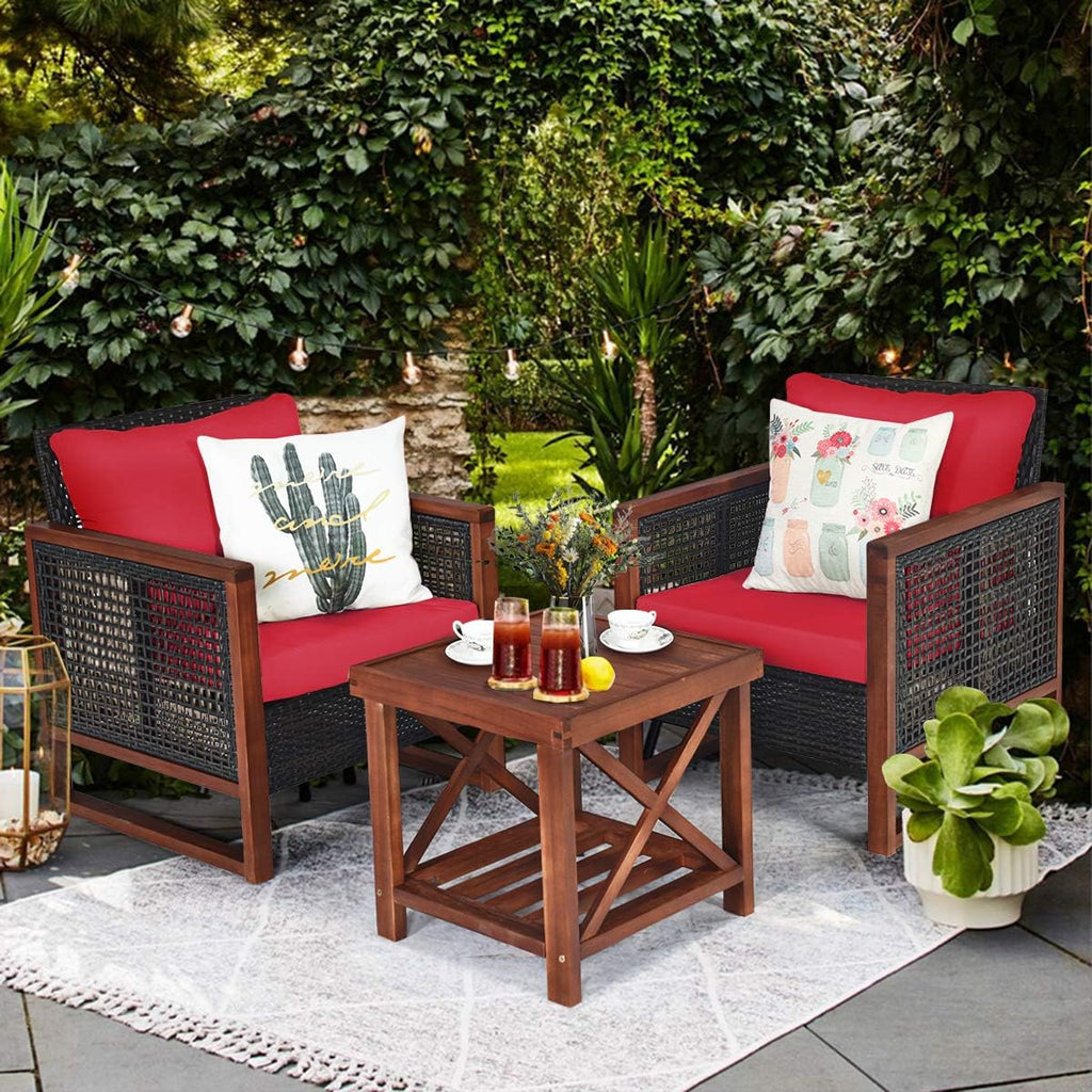 Tangkula 3 Pieces Patio Wicker Furniture Set, Rattan Outdoor Sofa Set w/Washable Cushion & Acacia Wood Coffee Table, Conversation Bistro Set for Garden Balcony Backyard (Red)
