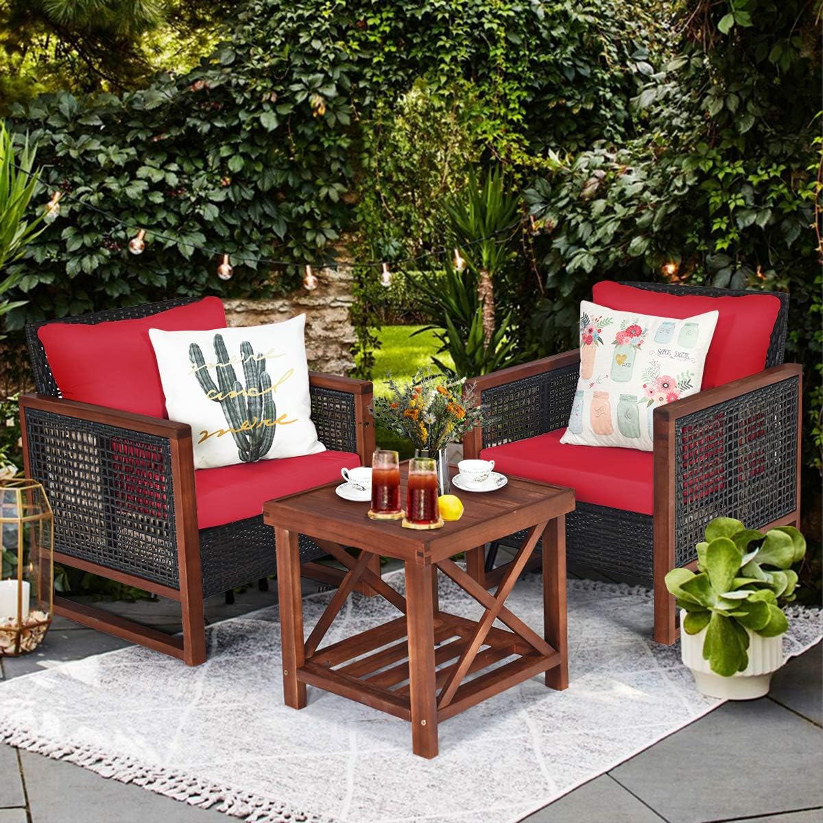 Tangkula 3 Pieces Patio Wicker Furniture Set, Rattan Outdoor Sofa Set w/Washable Cushion & Acacia Wood Coffee Table, Conversation Bistro Set for Garden Balcony Backyard (Red)