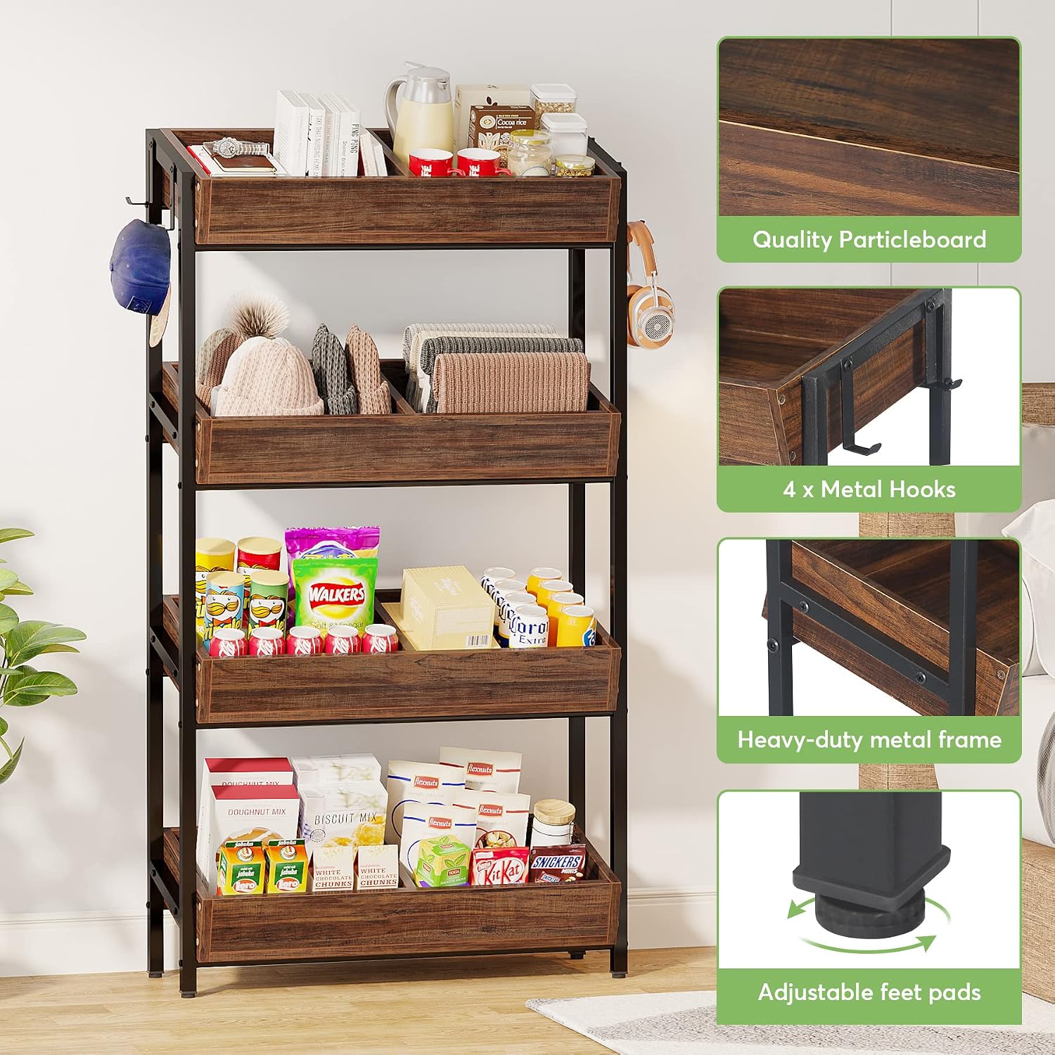 Tribesigns Wood Fruit and Vegetable Basket Stand Rack for Kitchen, Office, Store, Supremarket, Pantry Shelf Unit for Snacks, 4-Tier Wooden Utility Storage Shelves (Brown+Black)