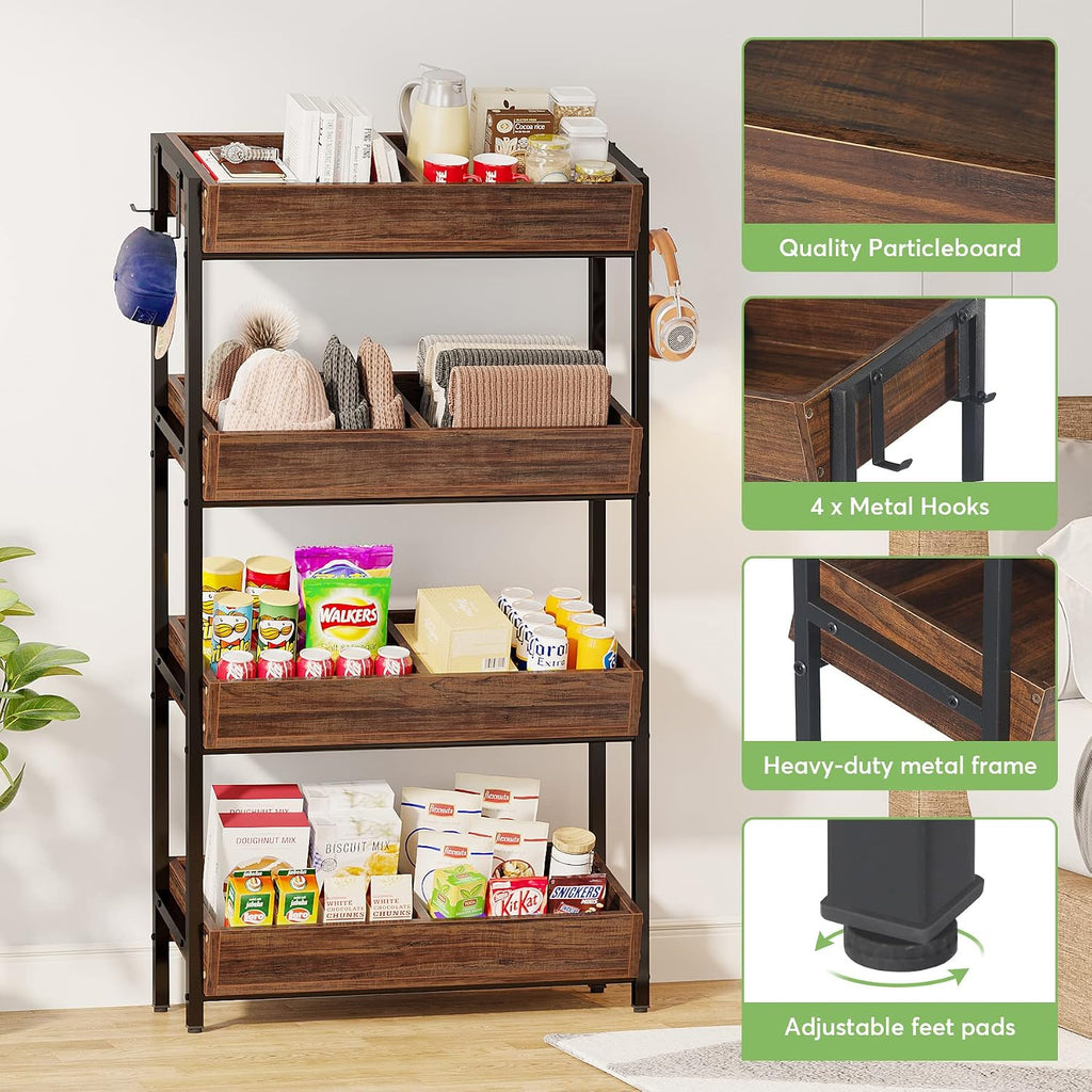 Tribesigns 4-Tier Retail Snack Display Shelf, Snack Rack Display Stand with 4 Hooks, Retail Shelves Racks for Vendors, Store, Supermarket and Home Kitchen