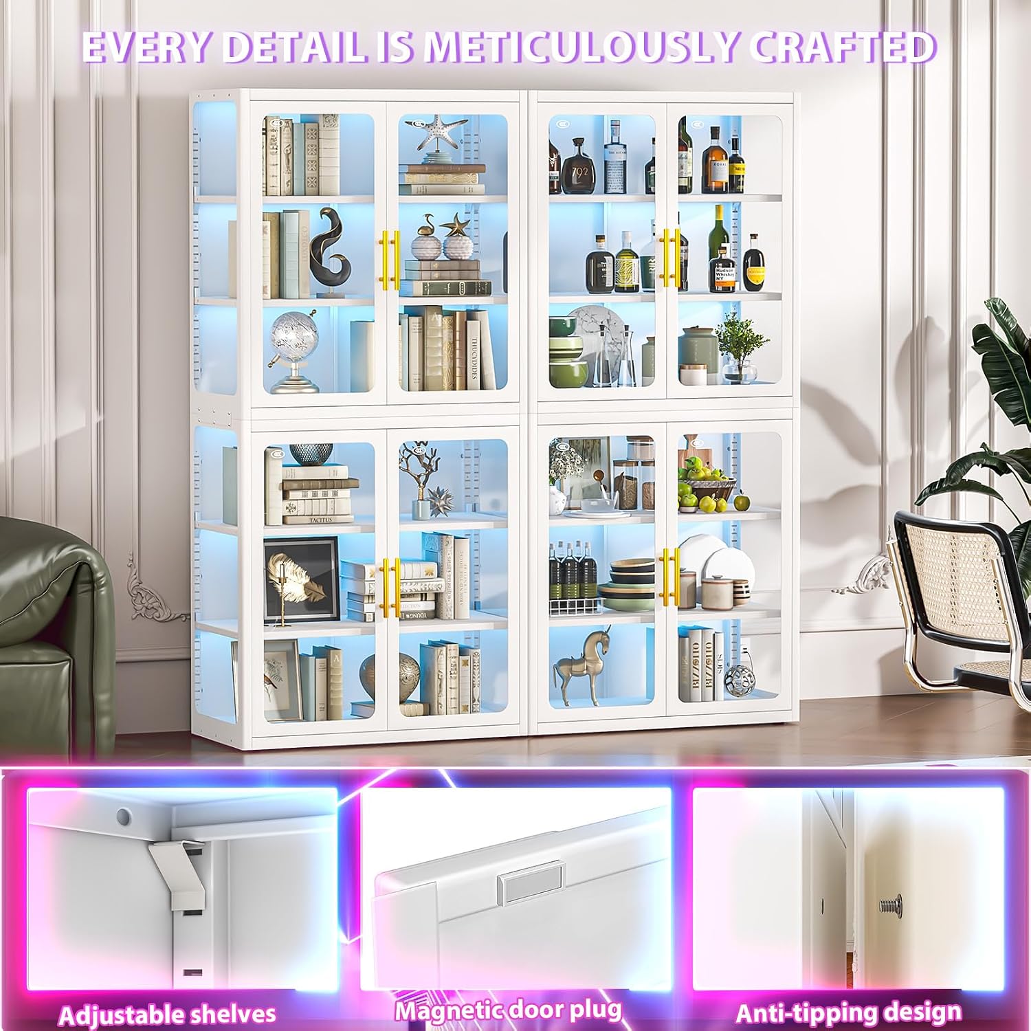 GAIOUS 67' Tall Display Cabinet with Glass Door, 6 Tier Metal Curio Cabinet with 3 Color Lights and 4 Adjustable Shelves, Glass Display Case for Collectibles, Showcase Storage Cabinets, White