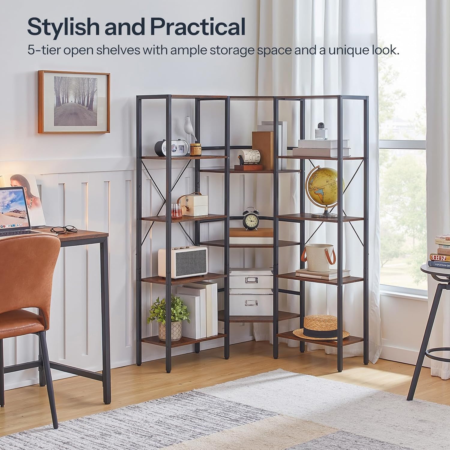HOOBRO Industrial Corner Bookshelf, 5-Tier L-Shaped Bookcase, Open Display Storage Rack, Floor Standing Storage Shelf, for Living Room, Bedroom, Home Office, Rustic Brown and Black BF68SJ01