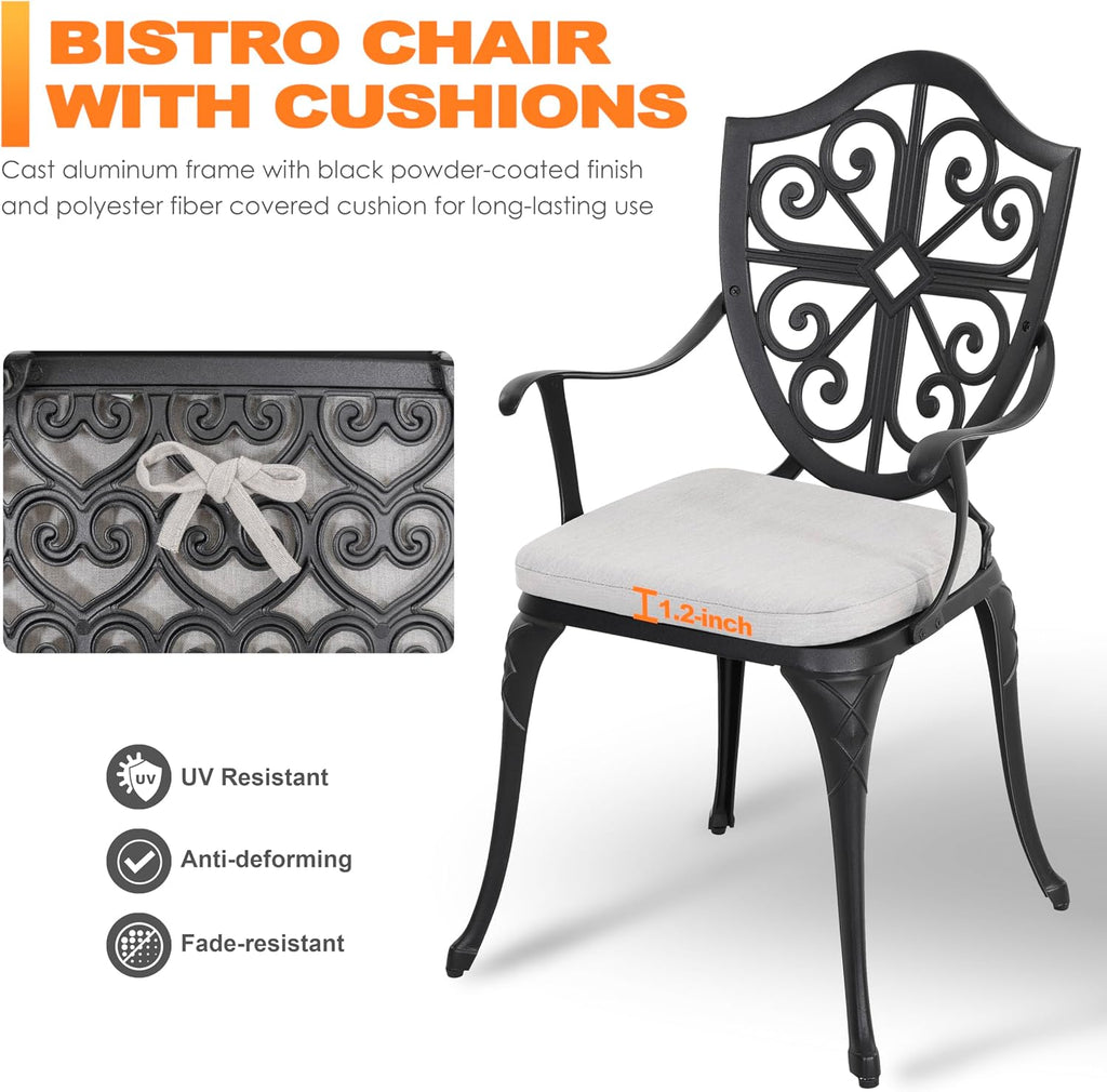 NUU GARDEN 3-Piece Outdoor Bistro Set, Cast Aluminum Patio Bistro Table and Chairs with Umbrella Hole and Grey Cushions, Bistro Set for Patio and Backyard, Black