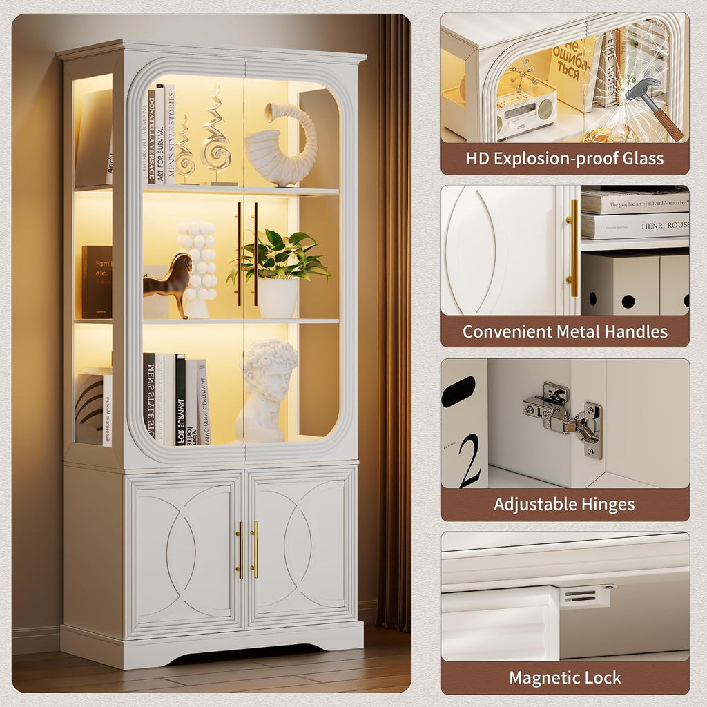 2pc Wood Display Cabinet with Glass Doors, 69' Tall Curio Cabinet with LED Lights, Glass Display Case with Storage and 3 Shelves for Living Room, (White-2)