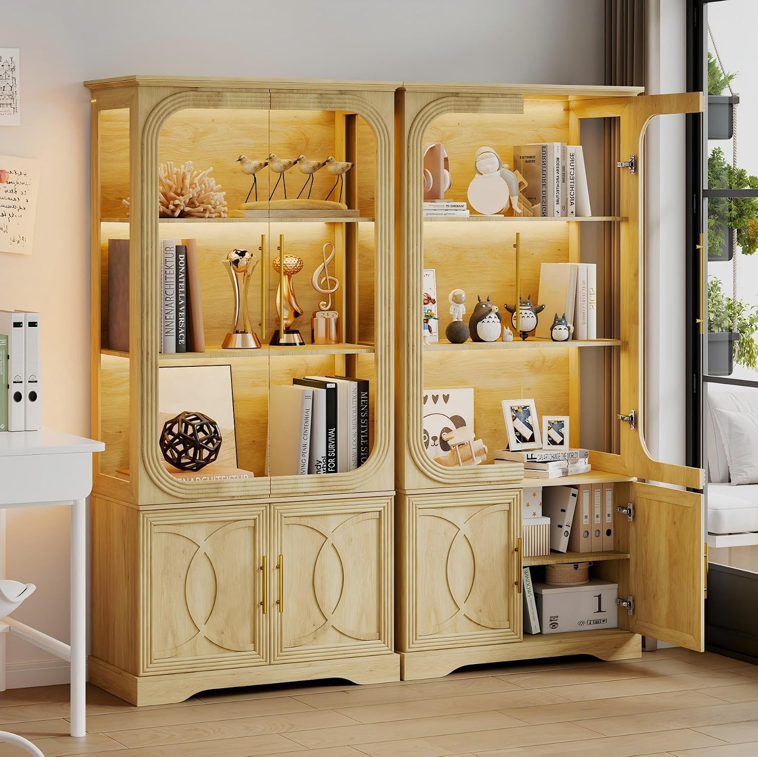 2pc Wood Display Cabinet with Glass Doors, 69' Tall Curio Cabinet with LED Lights, Glass Display Case with Storage and 3 Shelves for Living Room, (Oak-2)