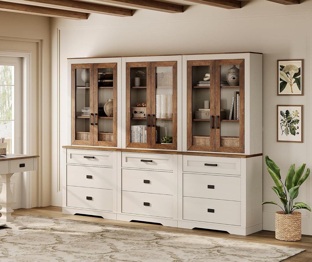 WAMPAT 3 Column 73.3' Tall Bookcase with Glass Door, 94.5' Wide Rustic Wood Bookshelves with Chest of Drawers, Modern Farmhouse Display Cabinet with Adjustable Shelves for Home,Office,White&Oak