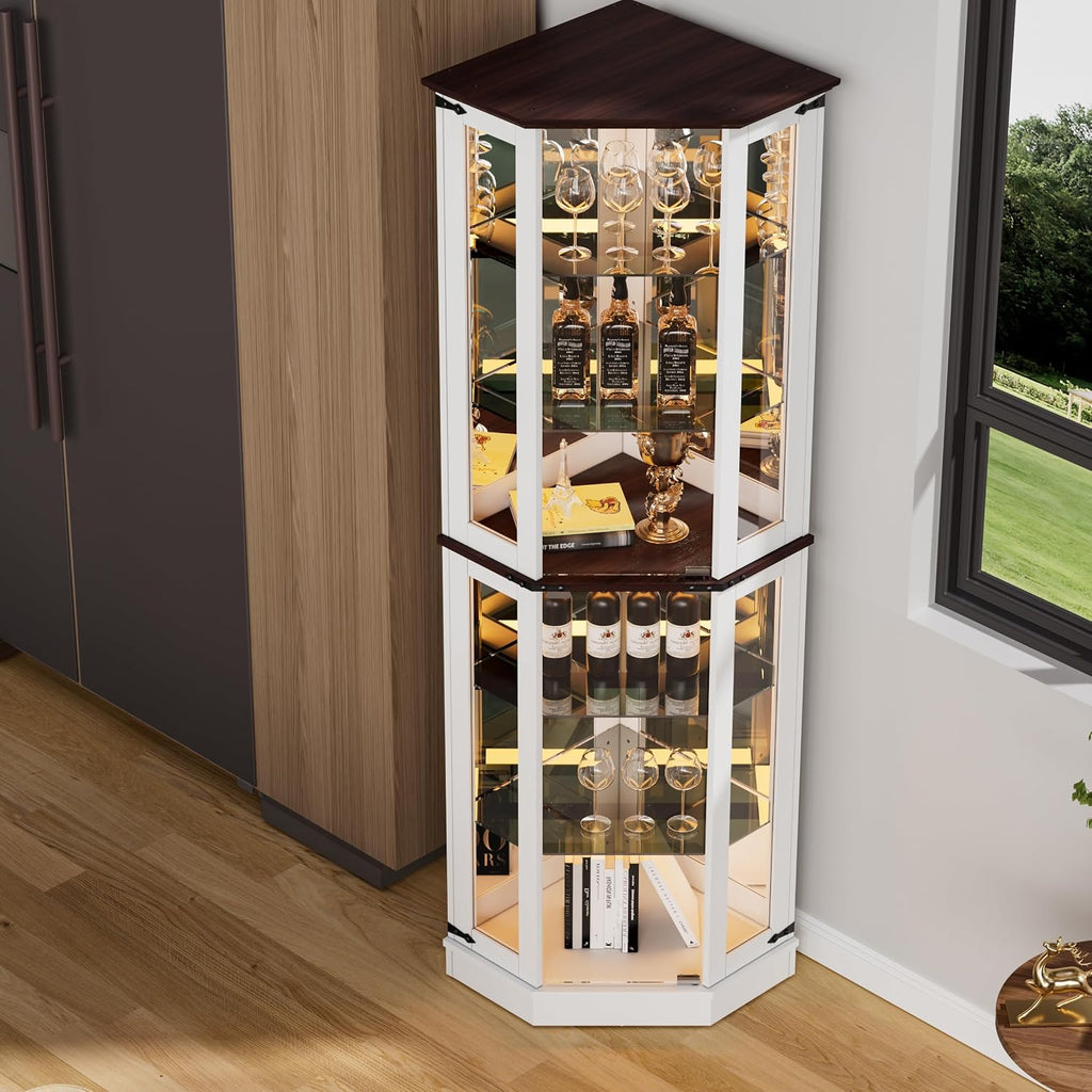 PAKASEPT 71'' Farmhouse Display Curio Cabinet with LED Lights,Tempered Glass Doors,6 Shelves,Floor Standing Display Cage Corner Wine Cabinet Storage Rack for Bar and Liquor Storage,White