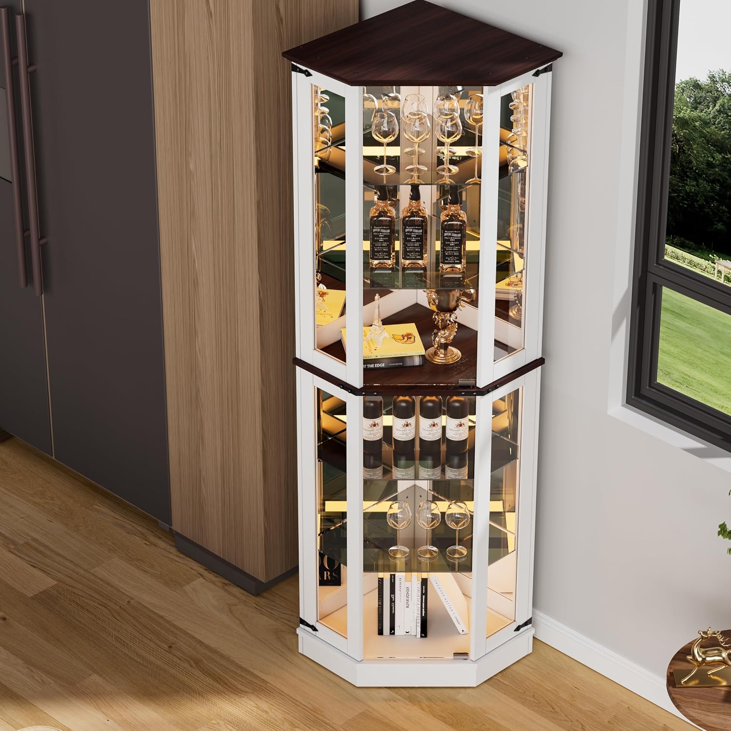 PAKASEPT 71'' Farmhouse Display Curio Cabinet with LED Lights,Tempered Glass Doors,6 Shelves,Floor Standing Display Cage Corner Wine Cabinet Storage Rack for Bar and Liquor Storage,White