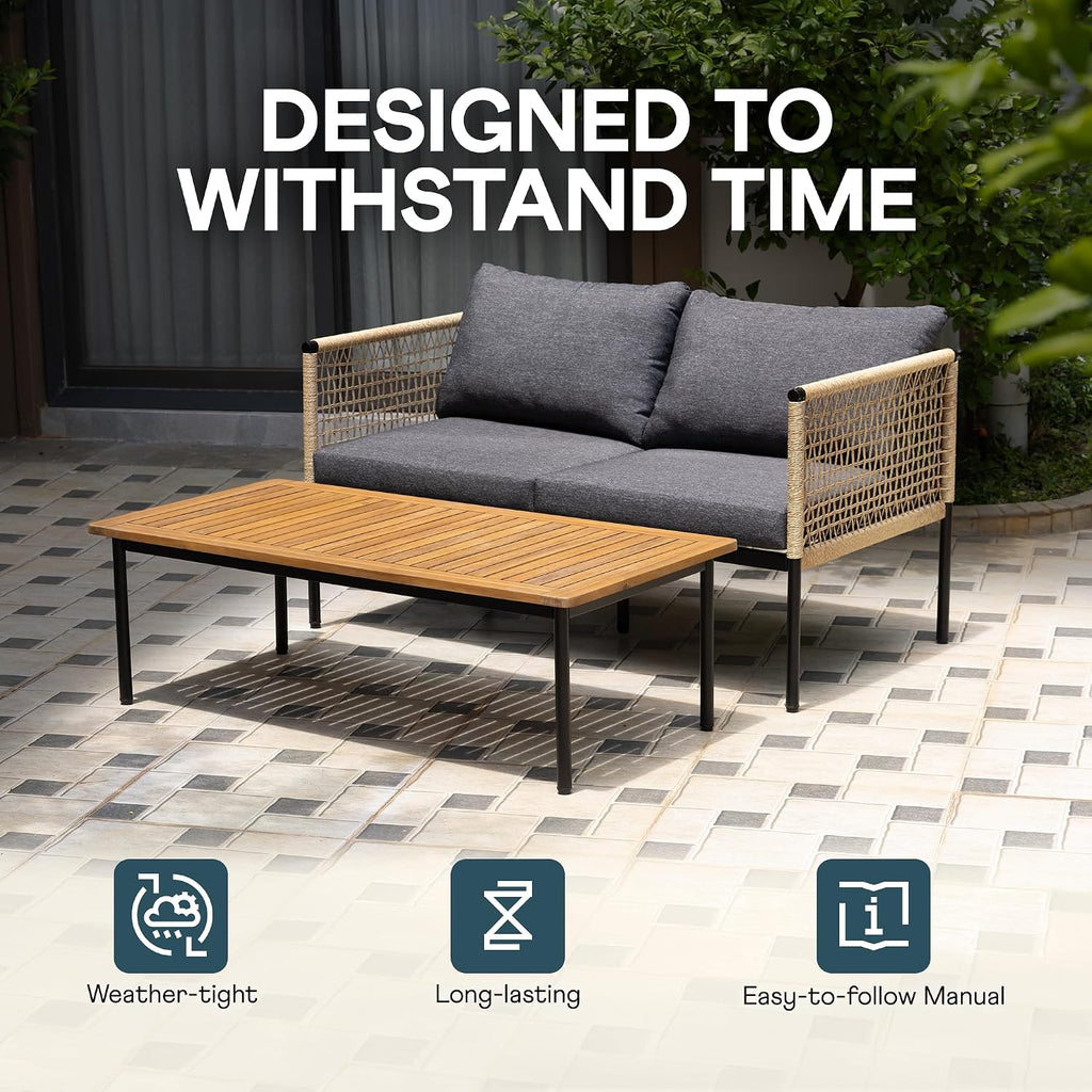 Idzo Oscar Wicker Metal Loveseat with Coffee Table – Black, 2-Seater Outdoor Sofa Set for Small Patios, Balcony or Garden, Heavy-Duty Love Seat Couches for Relaxing and Entertaining