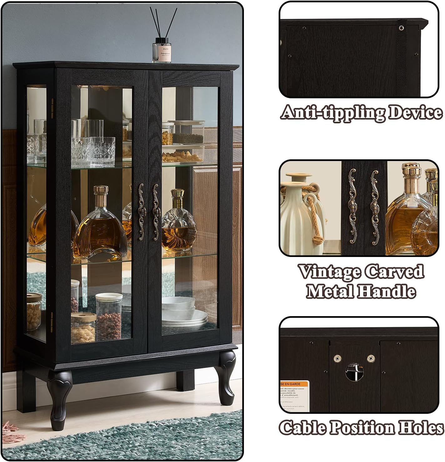 43' H Lighted Wooden Curio Cabinet, Freestanding Glass Display Case with Tempered Glass Door, Adjustable Shelves and Mirrored Back Panel, Decorative Storage Cabinet for Living Room (Black)
