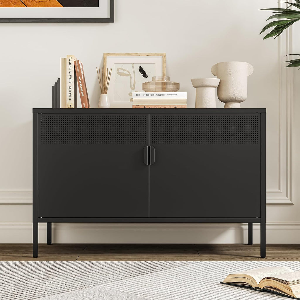 Chshin Metal Storage Cabinet with Doors,Black Accent Cabinet,Metal Locker Storage Cabinets,2 Door TV Media Stand with Removable Shelves for,Home,Office,Entryway,Living Room