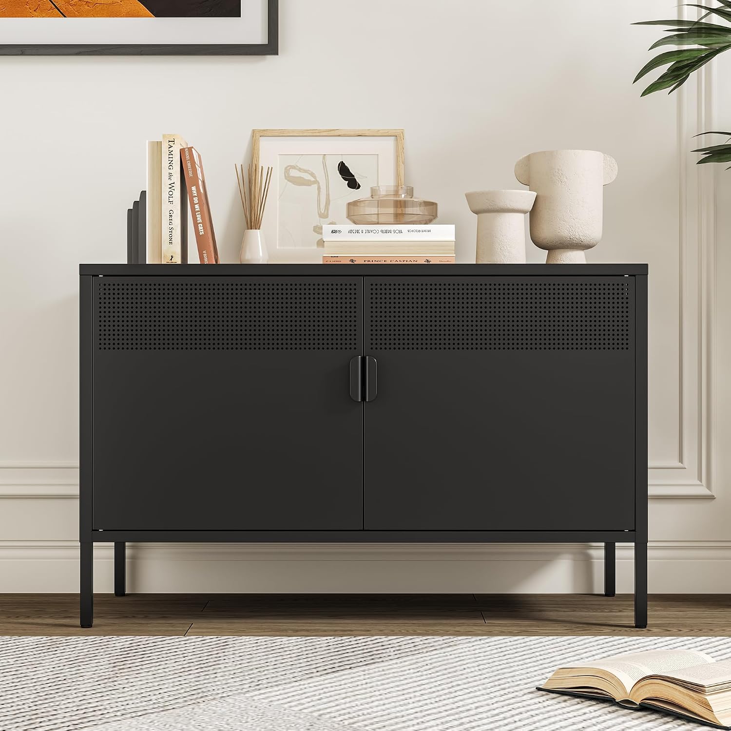 Chshin Metal Storage Cabinet with Doors,Black Accent Cabinet,Metal Locker Storage Cabinets,2 Door TV Media Stand with Removable Shelves for,Home,Office,Entryway,Living Room