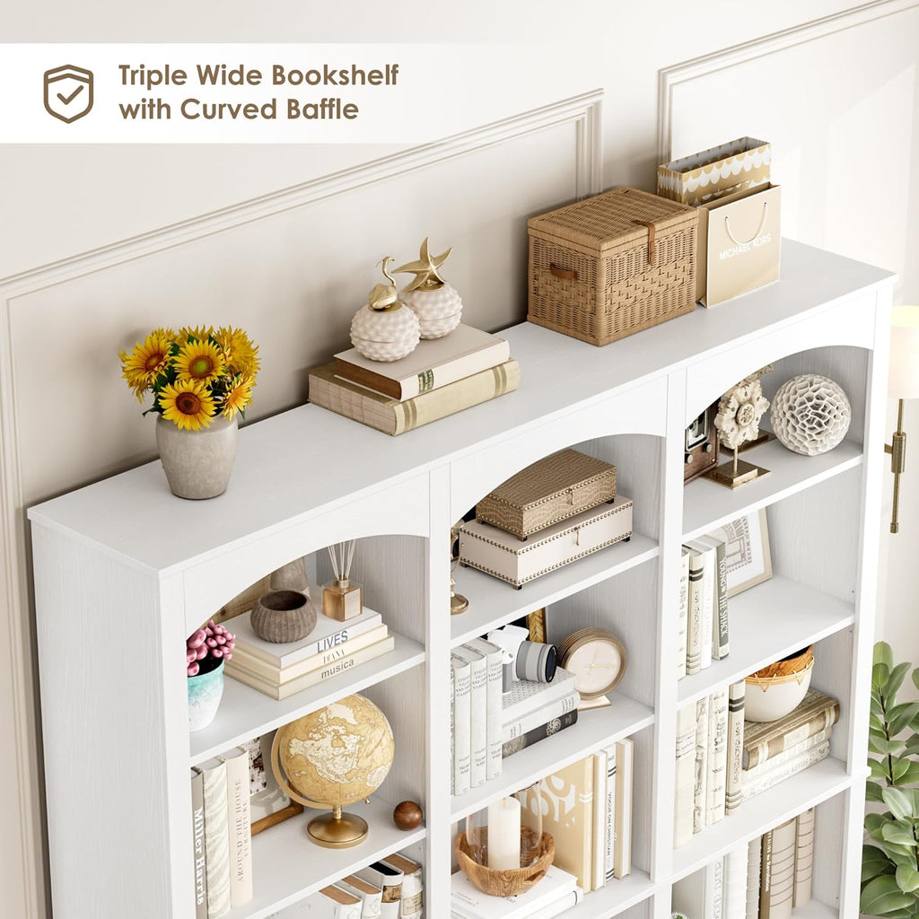 FACBOTALL 71' Triple Wide Bookshelf, 6 Tier Bookcase, Large White Bookshelf with Curved Baffle, 63.4' Wide White Bookcase with 18 Open Display Shelves for Living Room, Study, White