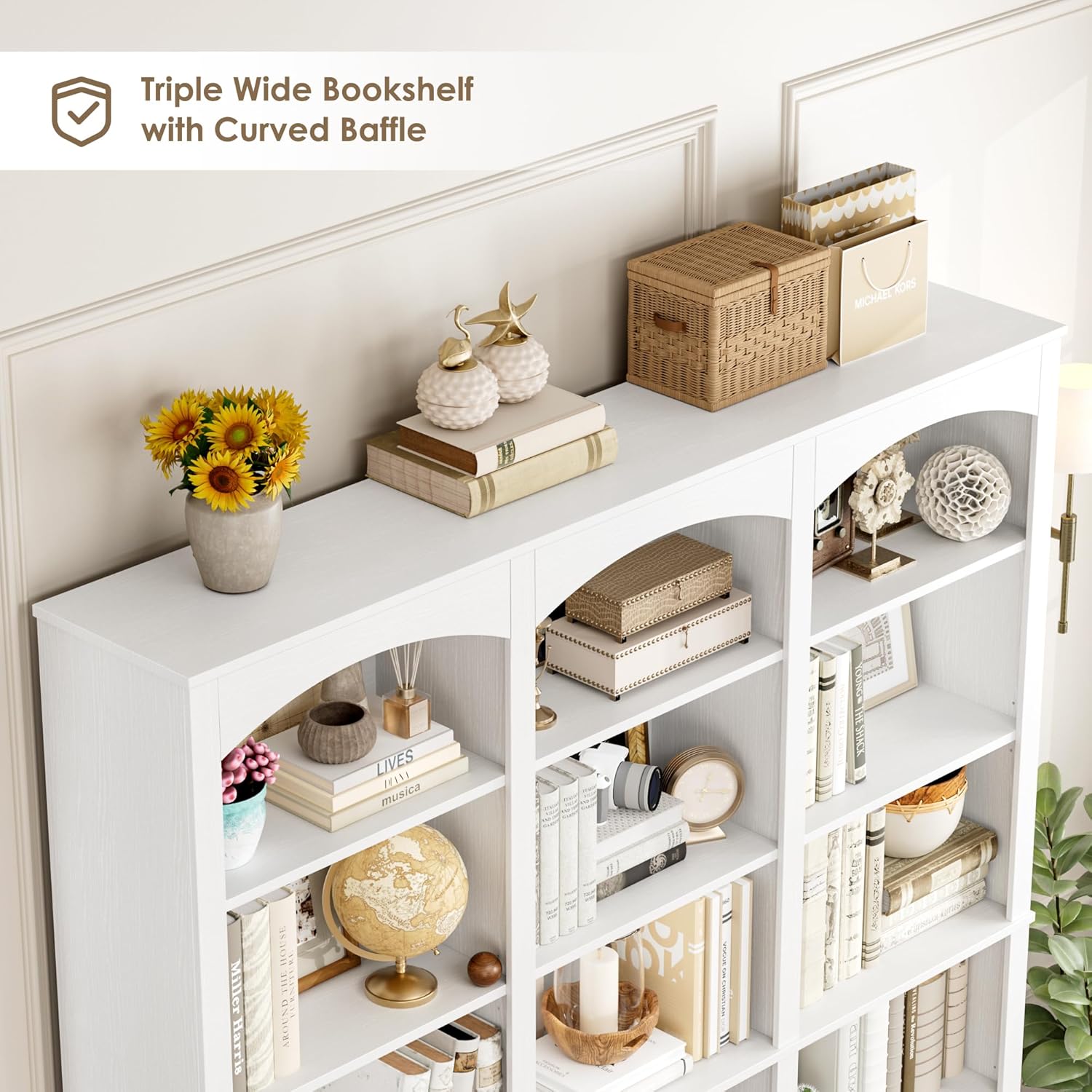FACBOTALL 71' Triple Wide Bookshelf, 6 Tier Bookcase, Large White Bookshelf with Curved Baffle, 63.4' Wide White Bookcase with 18 Open Display Shelves for Living Room, Study, White
