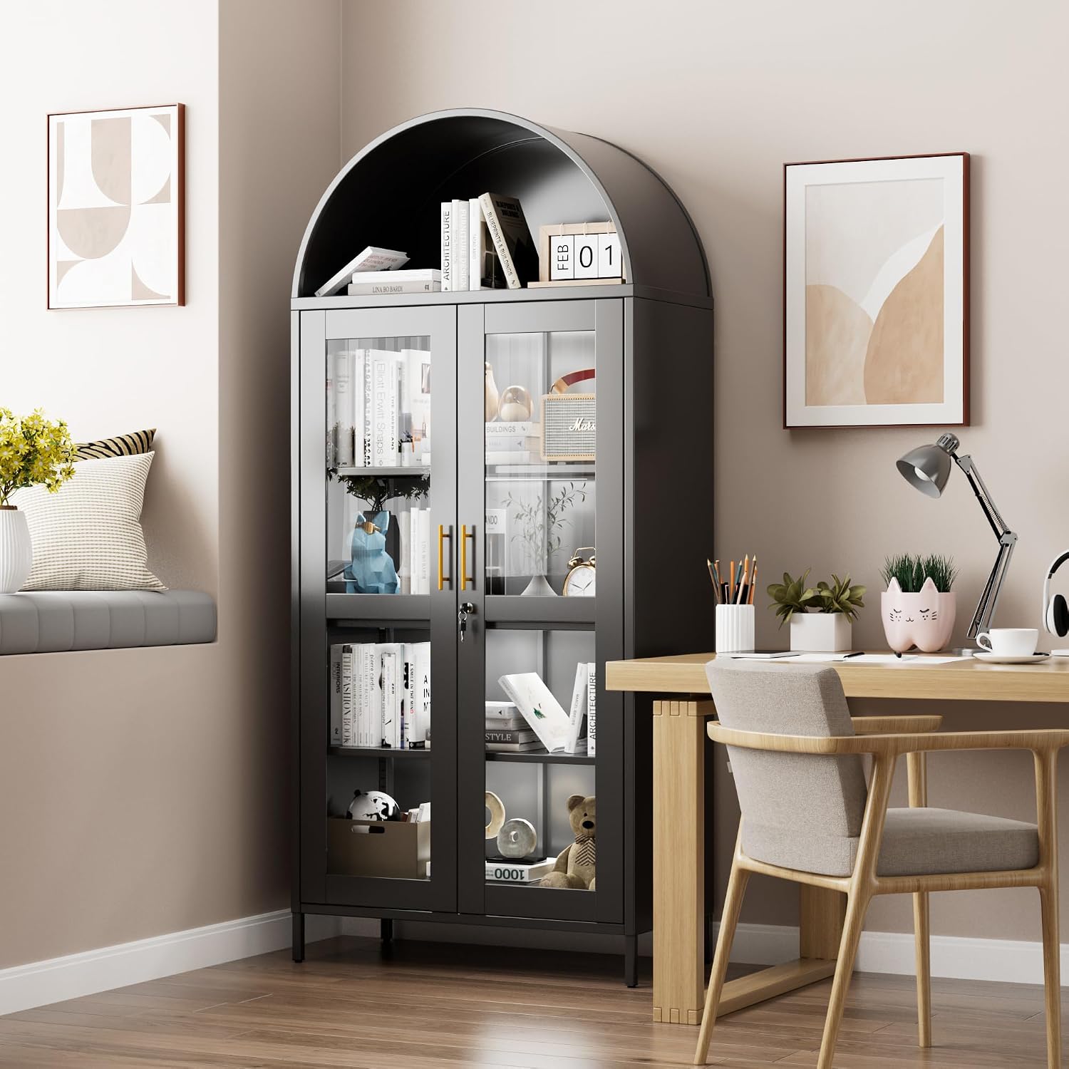 78.74' H Metal Arched Cabinet with Lock and LED Light, Metal Curio & Liquor Display Cabinet with Glass Doors and Adjustable Shelves for Dining Room, Home, Assembly Required,Black