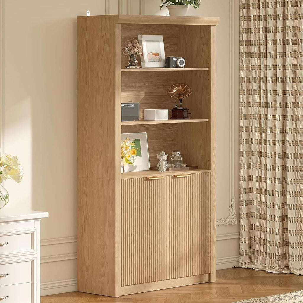 GarveeHome Tall Book Shelf and Bookcase, 31.5' Wide Wooden Bookcase with Doors, Farmhouse Book Case with Large Storage, 5-Shelf Bookcases with Adjustable top Shelve for Home Office, Living Room,Oak
