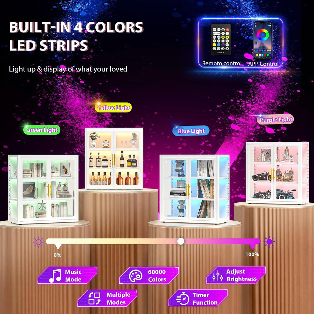 GAIOUS Display Cabinet with Glass Door, 3 Tier Metal Curio Cabinet with LED Lights for Collectibles, 2 Adjustable Shelves, Glass Display Case for Book/Medal/Figure, Showcase Storage Cabinets, White