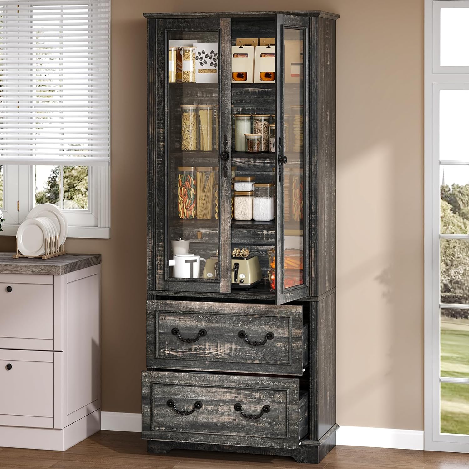 YITAHOME 76'' Kitchen Pantry Cabinet with 2 Drawers, Tall Storage Cabinet with Glass Doors & Adjustable Shelves, Freestanding Display Curio Cabinet for Collectibles, Living Room, Dark Rustic Oak
