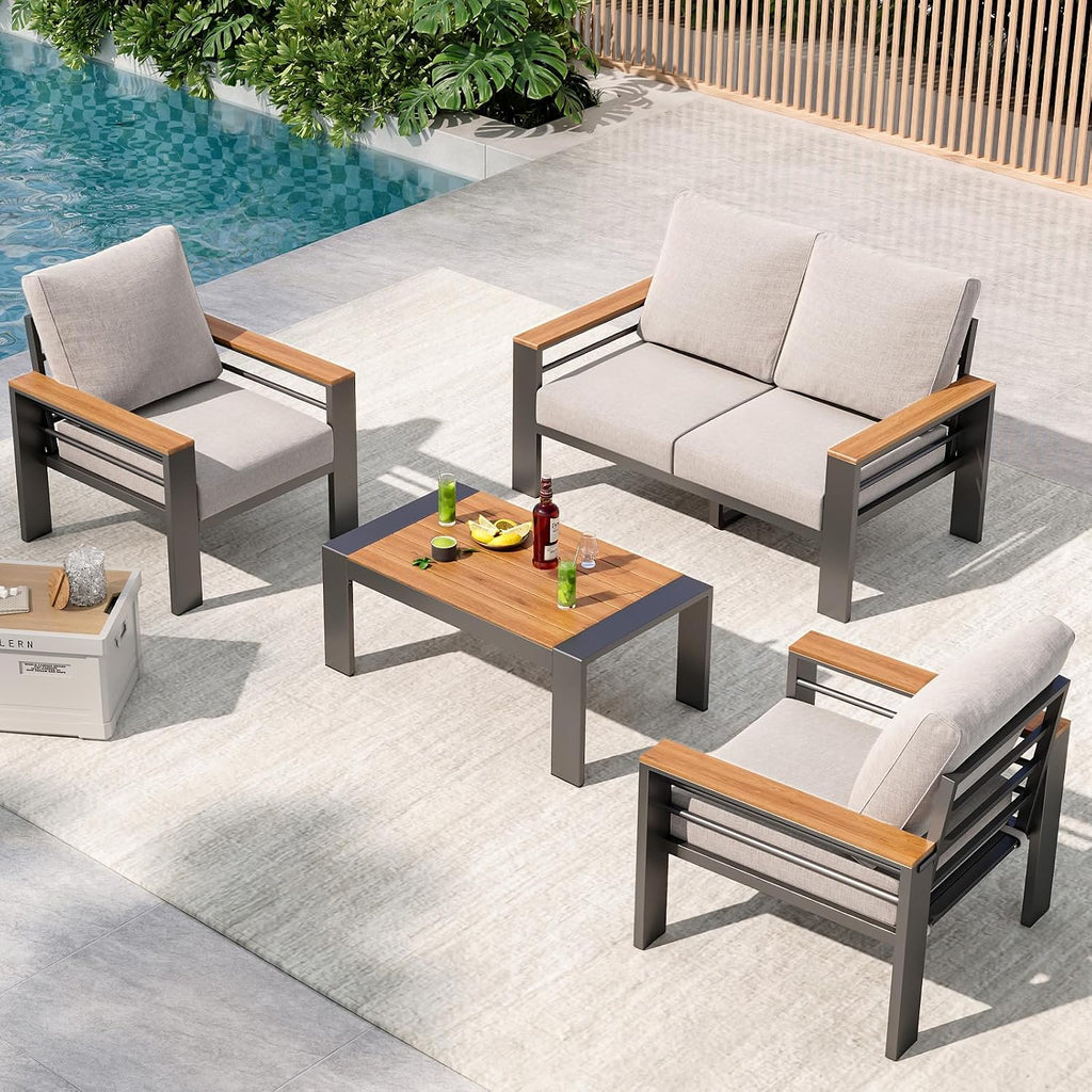 Aoxun Patio Furniture Set, 4 Piece Aluminum Patio Sets with 5' Thicken & Washable Cushion, Waterproof Outdoor Furniture with Coffee Table, Outdoor Couch Sectional for Backyard, Porch and Garden